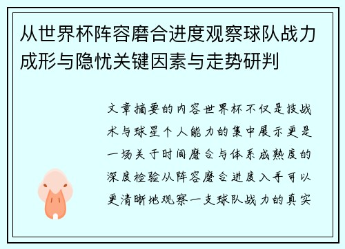 从世界杯阵容磨合进度观察球队战力成形与隐忧关键因素与走势研判